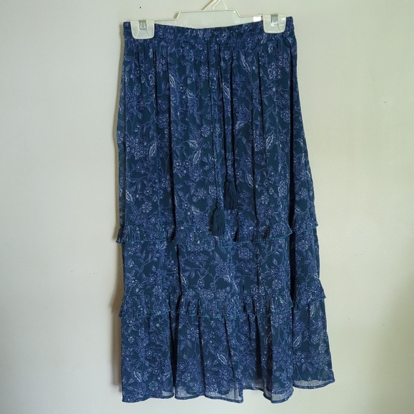 Voy Blue & Green Paisley Midi Skirt Boho Ruffle w/ Tassle Drawstring Size S - Picture 1 of 6